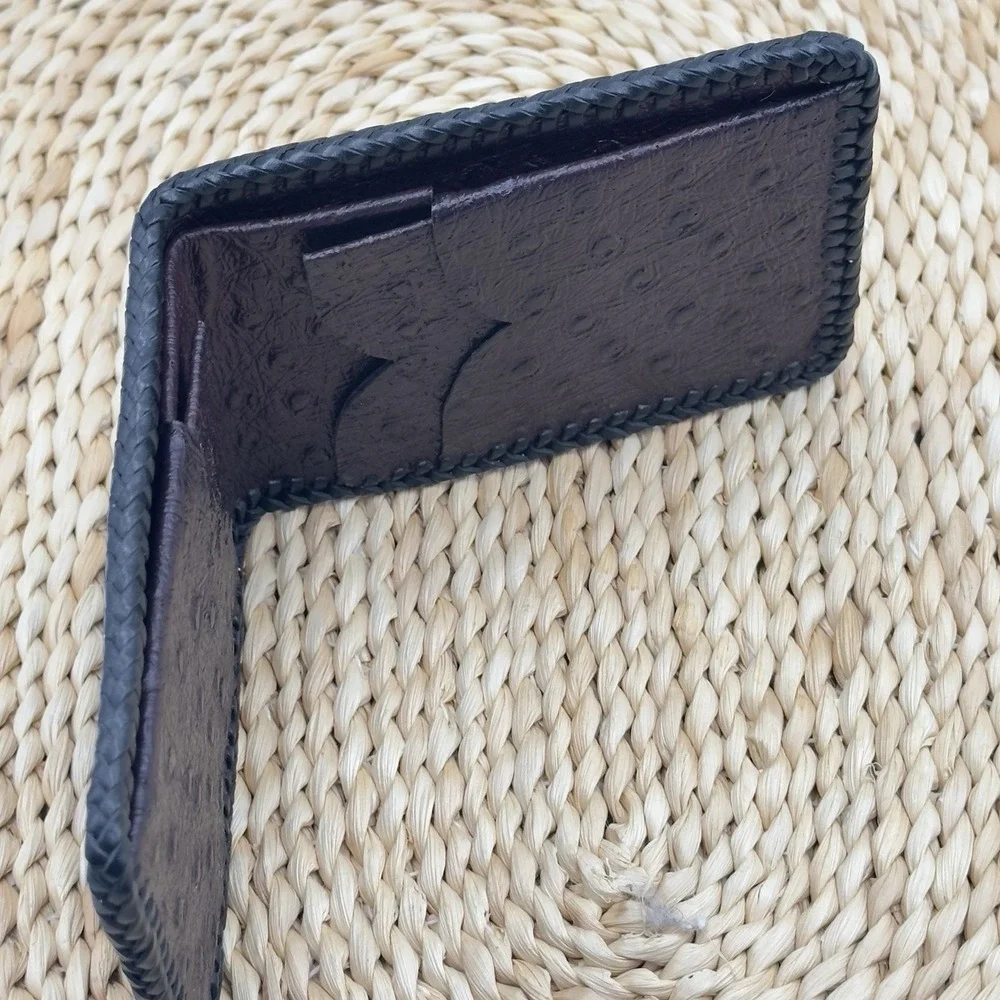 Genuine‎ Ostrich Skin Leather Bifold Men's Handmade Burgundy Black Trim